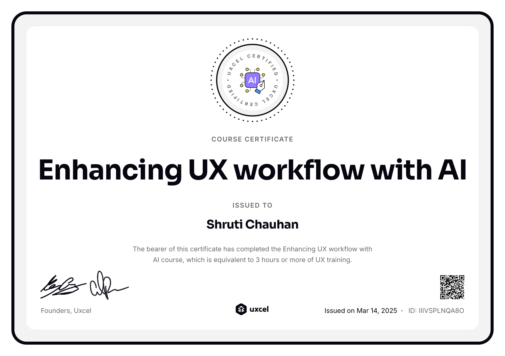 Shruti Chauhan's certificate